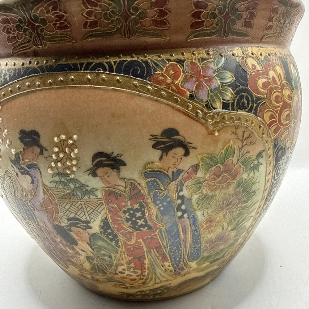 Vintage Satsuma Style Porcelain Fishbowl Planter Gold Trim5